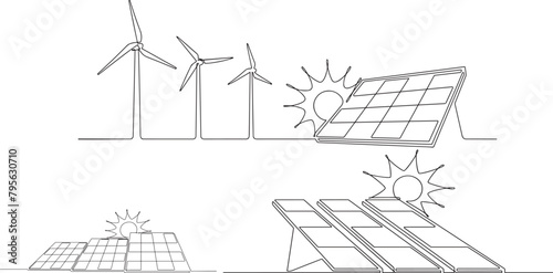 One continuous line drawing of wind turbine and Solar panel with sun. Clean energy in simple linear style. photo