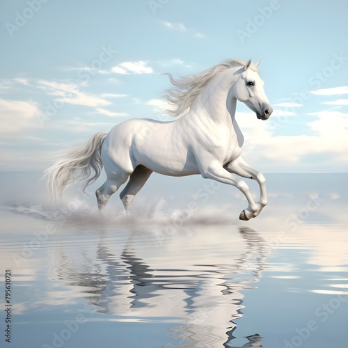 A beautiful amazing white horse runs on the water. Mystical portrait of an elegant stallion. Reflection of a white horse in the water. 3d render