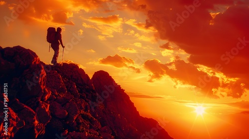 A hiker traverses a rocky terrain, their silhouette etched against the fiery hues of a spectacular sunset, casting long shadows on the rugged landscape.