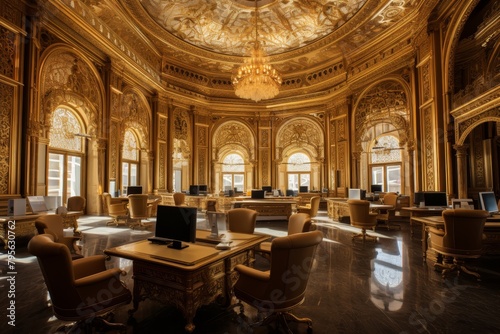 A Luxurious Golden Office Interior with Ornate Detailing, High Ceilings, and Expensive Furniture Illuminated by Warm Light photo