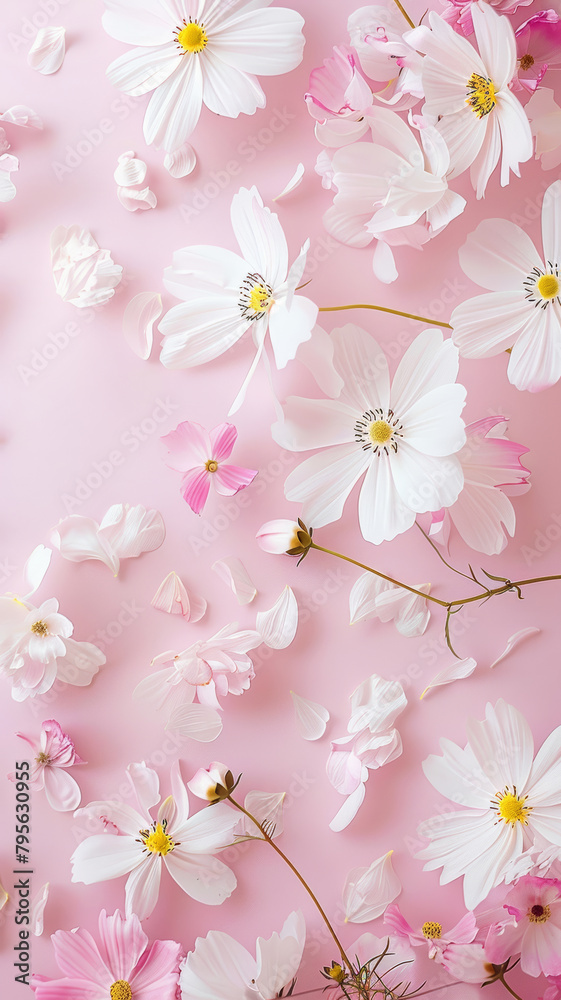 White Cosmos Flowers on Pink Pastel Background White Cosmos Flowers on Pink Pastel Background