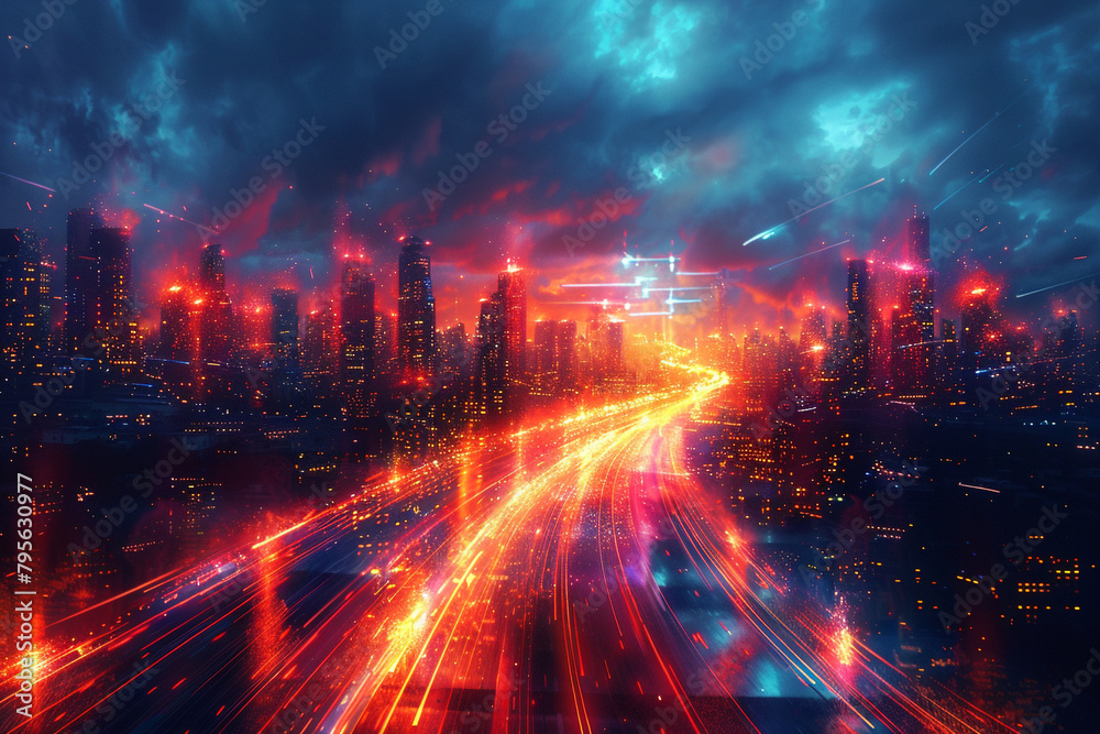 An abstract interpretation of the internet, with data packets racing through cyberspace depicted as streaks of light against a digital skyline.