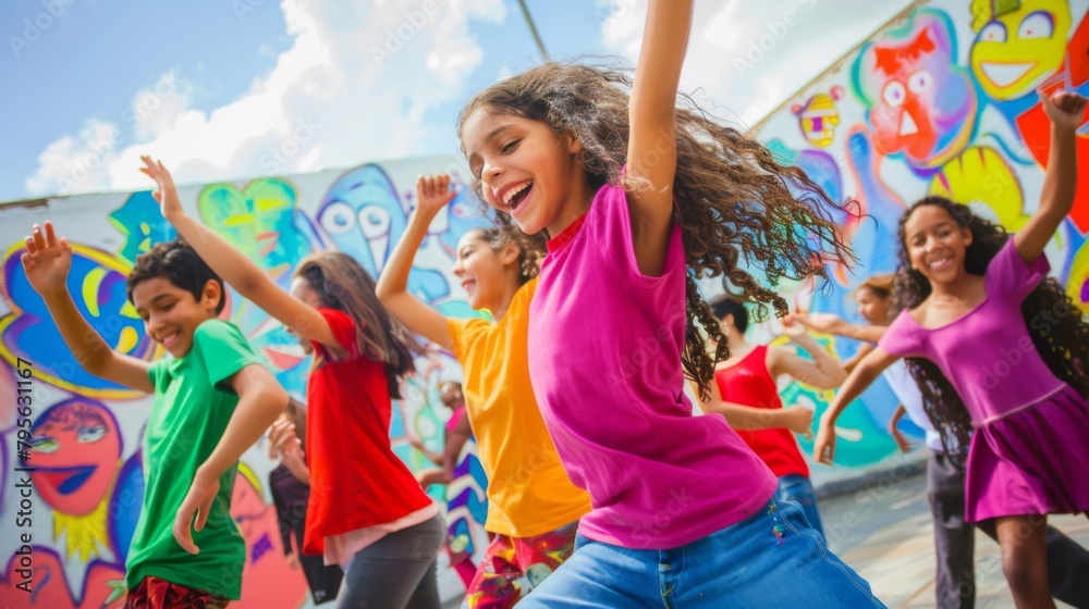 Joyful Kids Dancing Outdoors in Sunny Weather