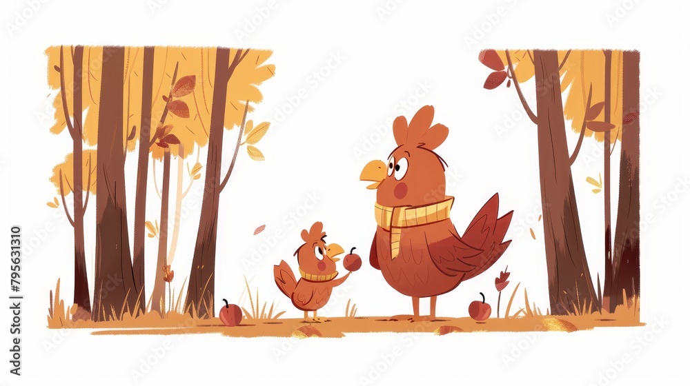 Fototapeta premium A pair of chickens near forested yellow foliage - trees and ground covered in golden leaves