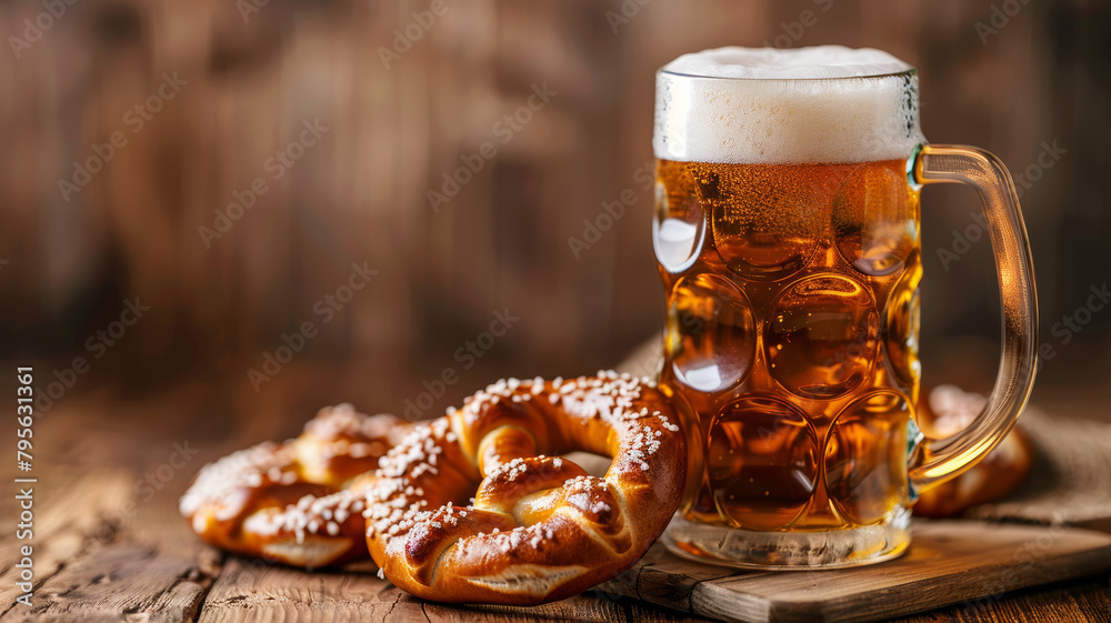 Beer and Pretzel on Bright Wooden Table Beer and Pretzel on Bright Wooden Table