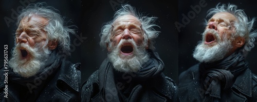 Collage of old man with long white beard and gray hair. Ai generated © corkmaxim