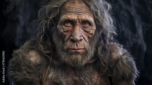 Ancient Human: Neanderthal extinct Man of Stone Age - Prehistoric Primate Evolution Study of Early Homo sapiens photo