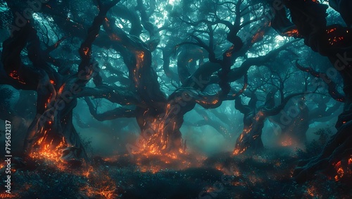 A surreal haunting forest with twisted trees fiery branches and eerie atmosphere. Concept Fantasy  Surreal  Haunting  Forest  Eerie 