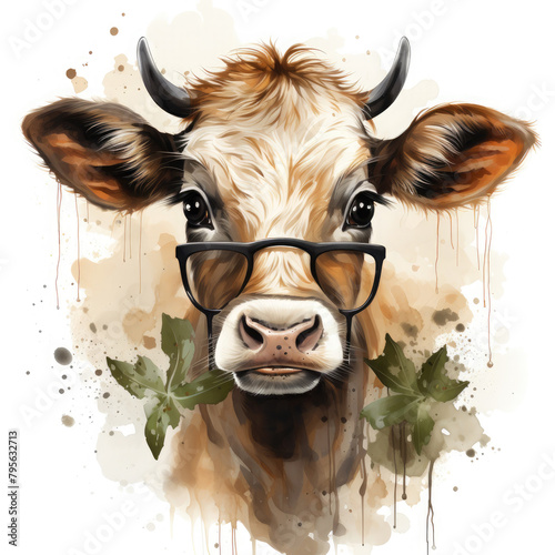 Watercolor cow wearing glasses, clipart Illustration, Generative Ai