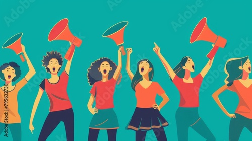 Empowered Voices: Vibrant Illustration of Diverse Women Protesting with Megaphones