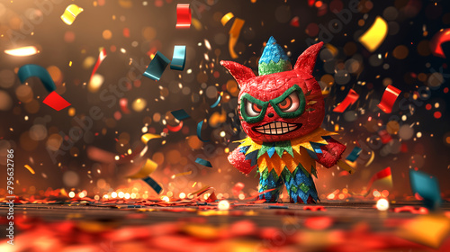 A pinata shaped like a lucha libre wrestler, ready to be smashed on colorful confetti background