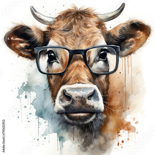 Watercolor cow wearing glasses, clipart Illustration, Generative Ai © SantoshArt