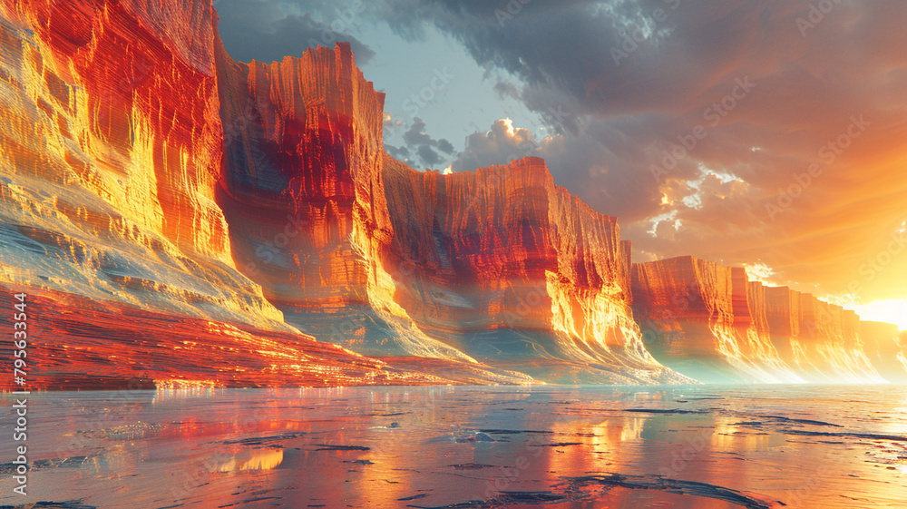 A digital canyon bathed in the glow of a virtual sunset, its walls adorned with abstract murals of light and shadow.