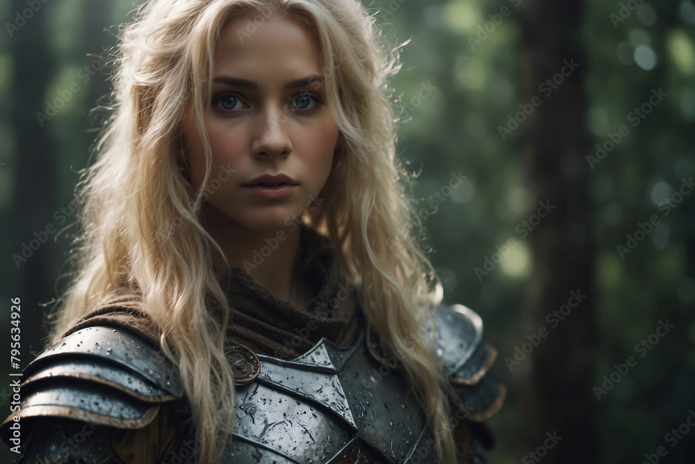 Elf girl, blonde in armor in the forest. A fabulous hero. Elf girl, blonde in armor in the forest. A fabulous hero.