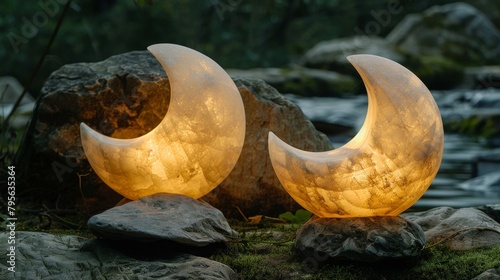 Two lit candles in the shape of a crescent moon on a rock