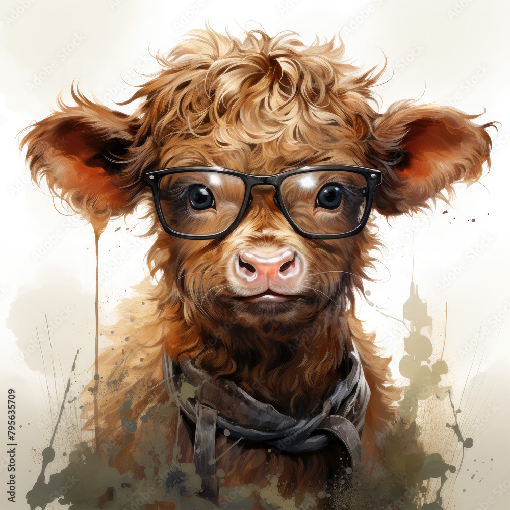 Watercolor cow wearing glasses, clipart Illustration, Generative Ai Watercolor cow wearing glasses, clipart Illustration, Generative Ai