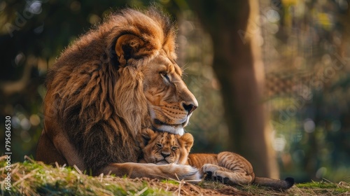 a lion standing protectively in front of his baby  nestled safely underneath  symbolizing strength  love  and familial bonds in the animal kingdom.