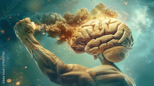 A digital artwork showing a brain flexing its muscles, embodying the idea of a powerful and sharp mind photo