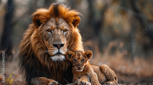 a lion standing protectively in front of his baby, nestled safely underneath, symbolizing strength, love, and familial bonds in the animal kingdom. © lililia