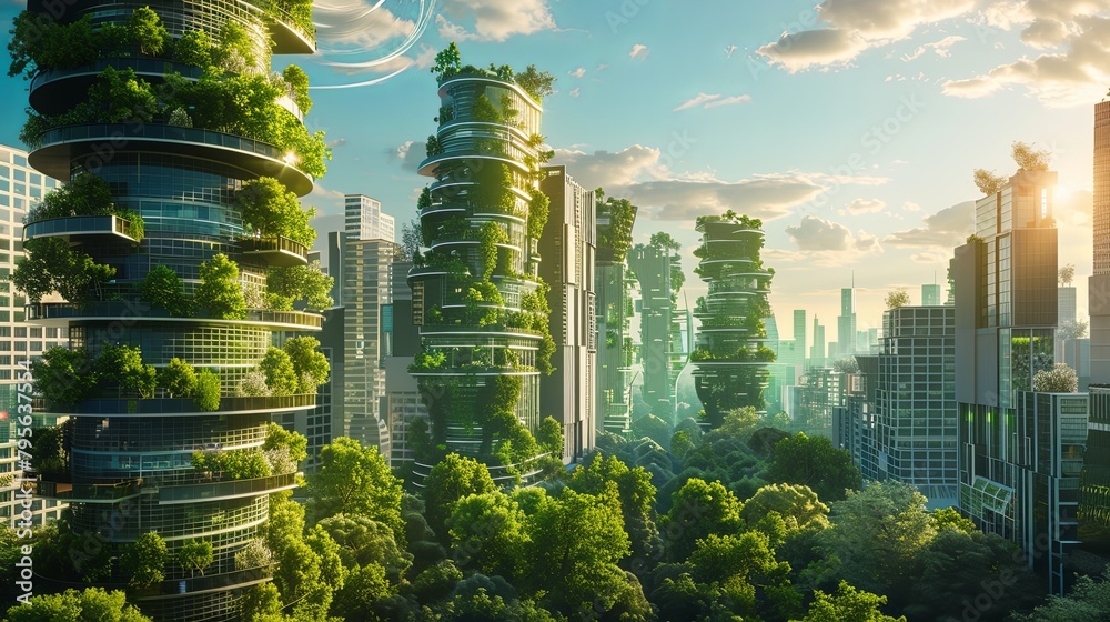 Futuristic city with eco-friendly skyscrapers covered in greenery. Conceptual digital art of urban sustainability