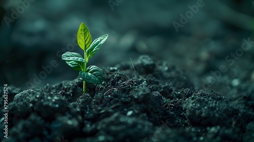 beauty of growth as a vibrant green shoot pushes its way upward from the dark soil, symbolizing resilience and vitality.