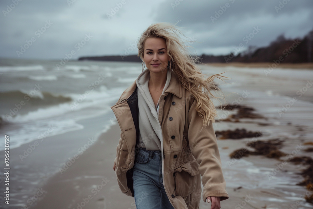 Blonde Woman in Chic Trench Coat Walking on a Windy Beach Blonde Woman in Chic Trench Coat Walking on a Windy Beach