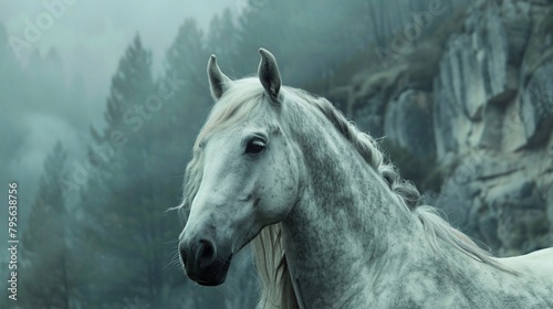 A White Horse Amidst the Foggy Wilderness. Generative AI