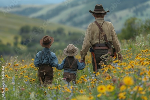 The trio ambles through the serene meadow, a son's arm steadying his father's uncertain steps. © Tor Gilje