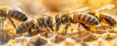 Honeybees working on honeycomb. Panoramic macro shot with natural lighting