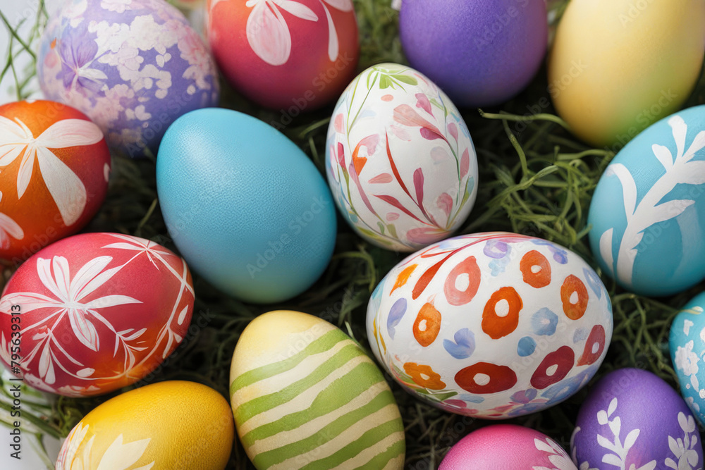 Colorful handmade easter eggs lying on the ground