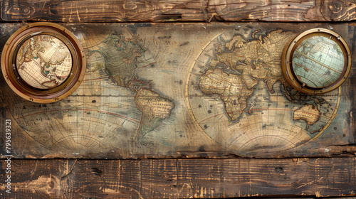 Two globes are on a wooden surface with a map of the world in between them. The map is old and has a vintage feel to it. The globes and map create a sense of wanderlust and adventure photo