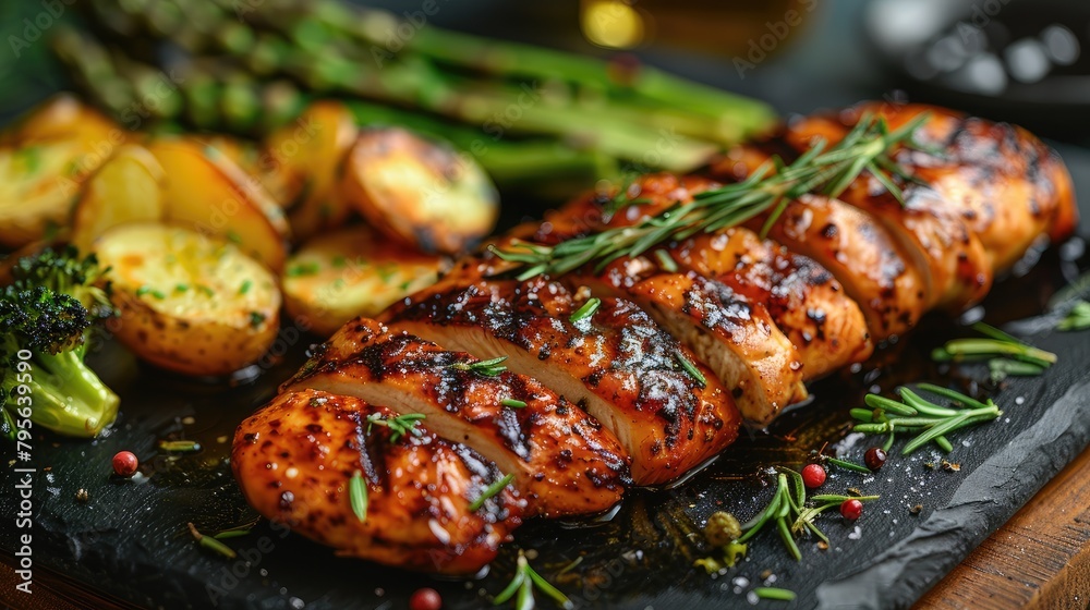juicy grilled chicken, expertly sliced and accompanied by grilled potatoes, broccoli, and asparagus, in a mouthwatering real photo capturing the essence of a delicious meal. juicy grilled chicken, expertly sliced and accompanied by grilled potatoes, broccoli, and asparagus, in a mouthwatering real photo capturing the essence of a delicious meal.