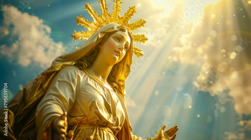 Virgin Mary with a golden crown against a sky with clouds and sunlight photo