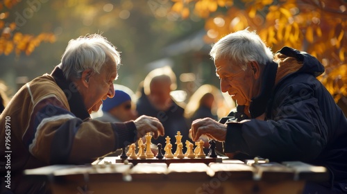 Elderly individuals actively engaging in a social gathering, exchanging ideas and sharing experiences with peers in a vibrant community setting photo