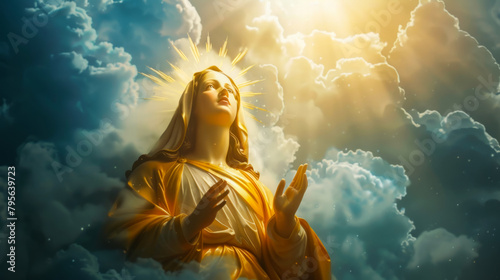 Virgin Mary statue with radiant halo against clouds and sunbeams