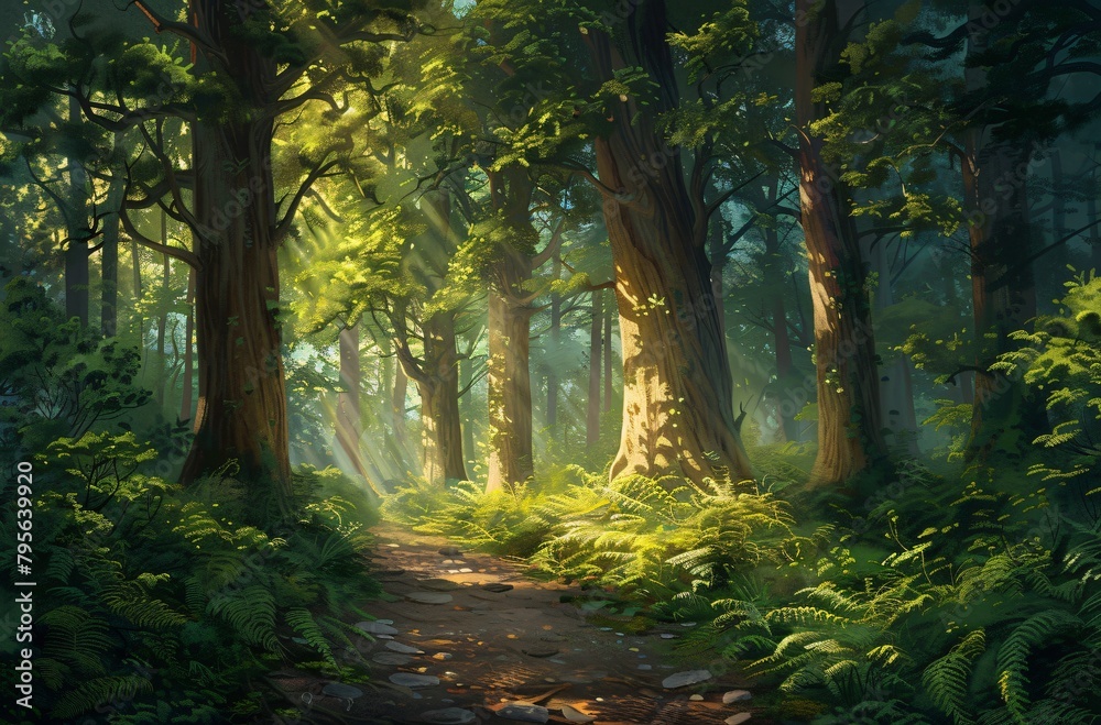 Mystical forest with towering trees 