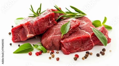 Raw beef slices with fresh herbs and peppercorn seasoning. Isolated on white culinary photo.