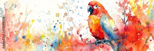 A parrot recites poems from its perch, its feathers a vivid watercolor painting of words and whimsy, kawaii