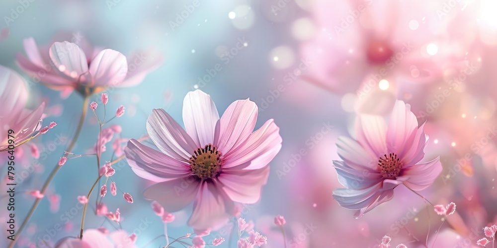 Close-up of pink cosmos flowers with soft focus and bokeh on a pastel background