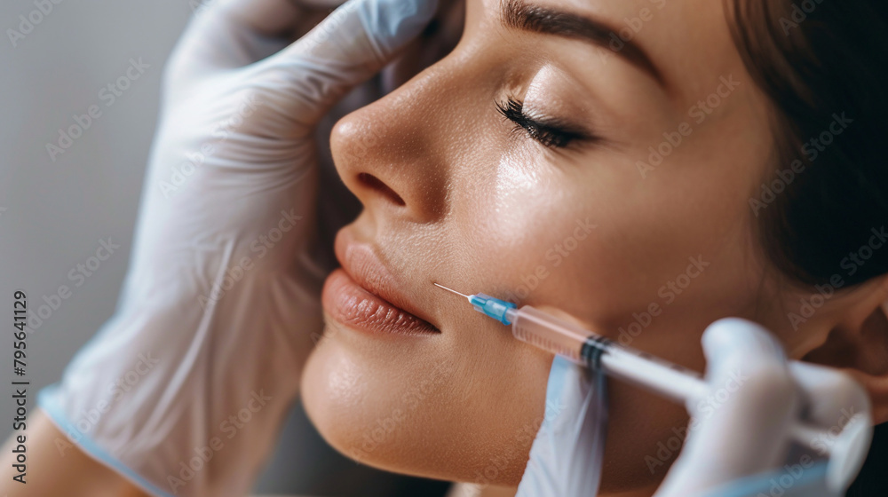 Close-up of a young woman receiving a botox injection. AI.