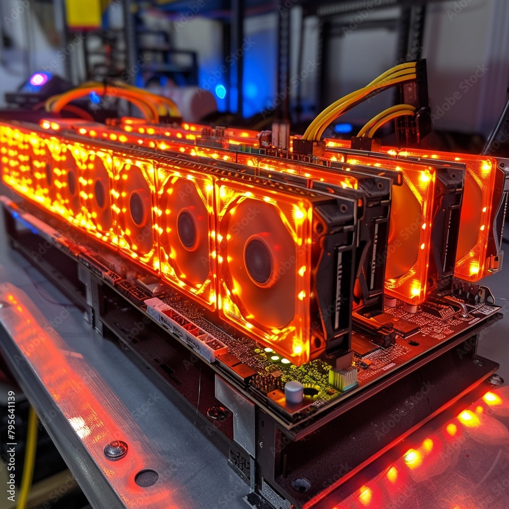 Closeup on a mining rig with glowing LEDs, showcasing the hardware used in cryptocurrency mining and the energy it consumes
