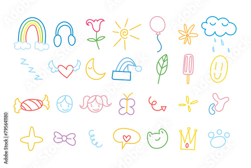 Fun cute kid colorful doodle line set badge, scribble line flower, heart. rainbow background. Hand drawn doodle sketch childish element set. Flower, heart, cloud children draw style design elements