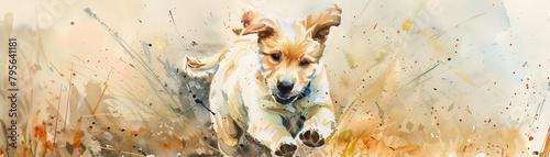 A puppy learns to fetch, its eagerness and excitement bursting in dynamic water color strokes, full of life and learning, bright water color