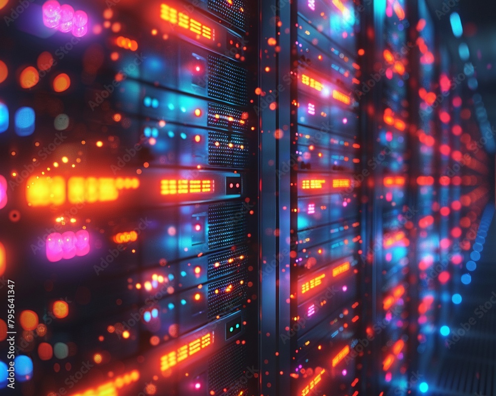 Detailed shot of glowing server racks in a dark data center, illustrating the physical backbone of cloud computing and data storage capabilities Detailed shot of glowing server racks in a dark data center, illustrating the physical backbone of cloud computing and data storage capabilities