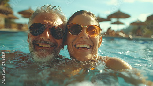 Happy mature couple having fun in the pool and enjoying the summer.