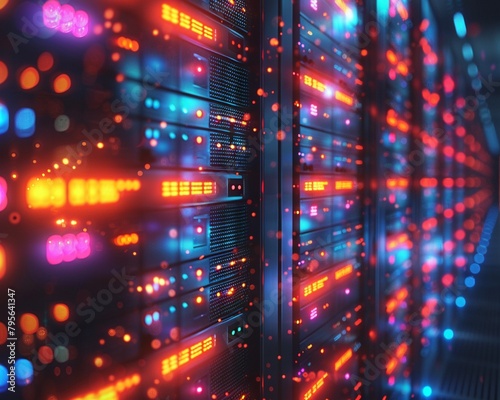 Detailed shot of glowing server racks in a dark data center, illustrating the physical backbone of cloud computing and data storage capabilities