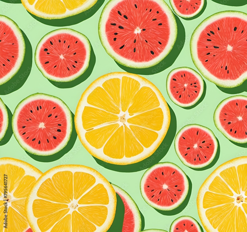 Watermelon cut in half with other lemon slices around it on a  green background