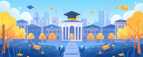 Graduation caps and confetti over university campus illustration. Educational celebration concept