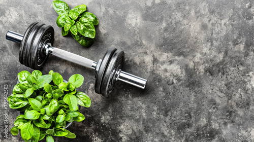 A dumbbell is on a table with a plant on top of it. The dumbbell is black and silver