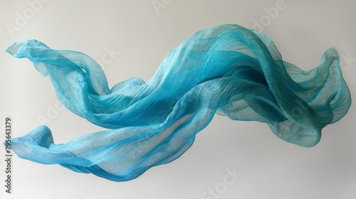   A blue scarf fluttering against white background, wall in distance is white, nearer one is also white photo